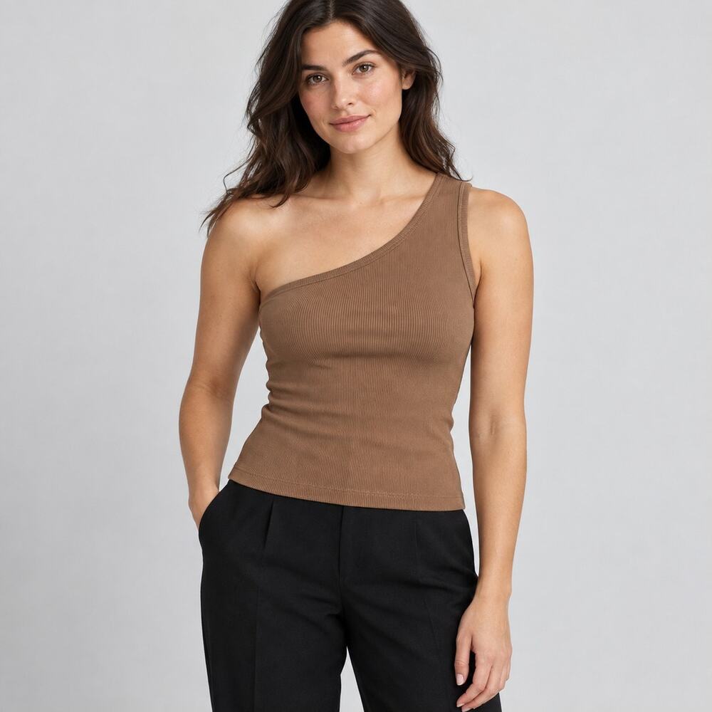 Madewell Tank Top WMNS XXS Brown One Shoulder Ribbed Supima Cotton Neutralcore
